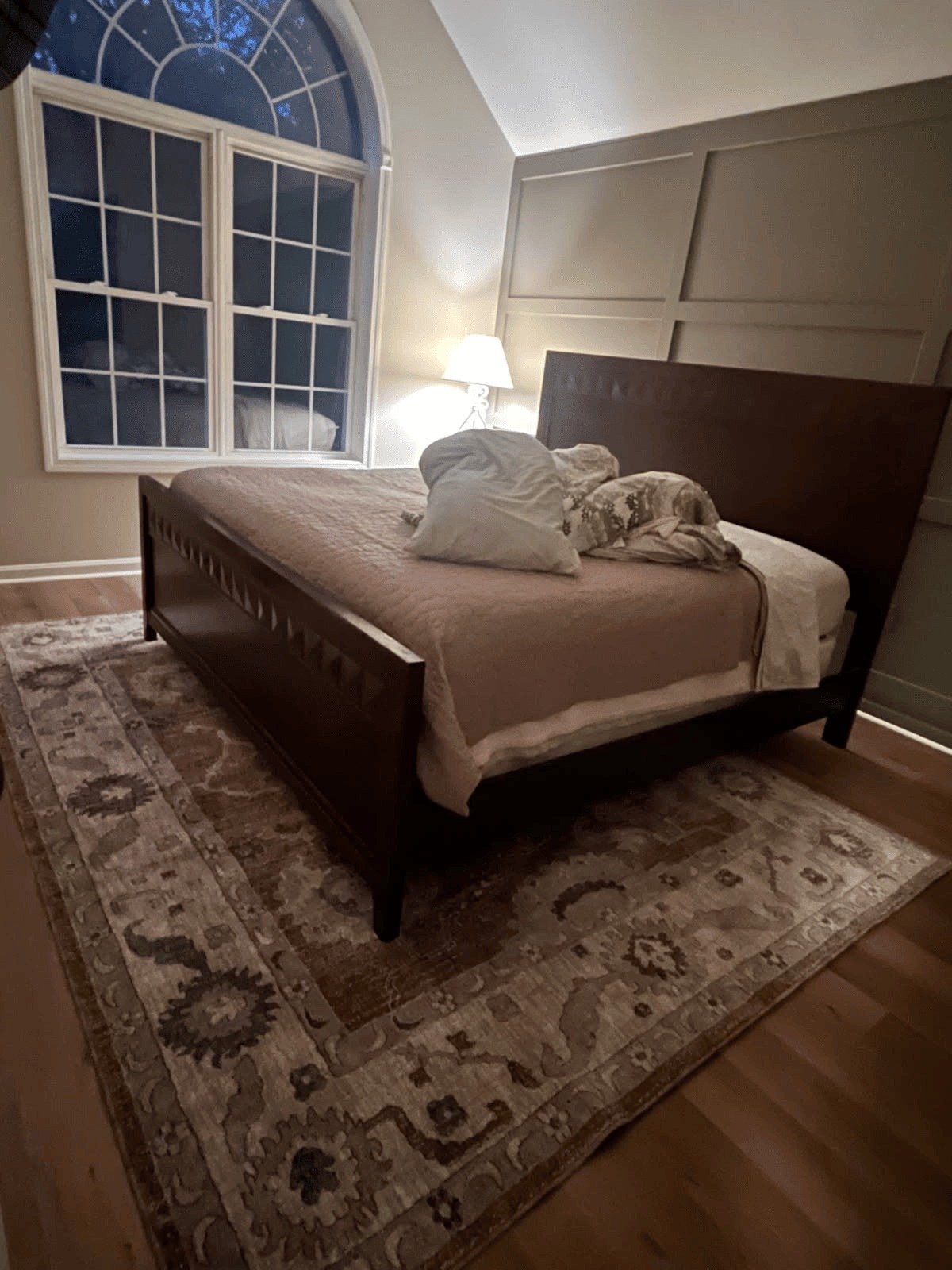 Paneled Bedroom, wall paneling and arched windows